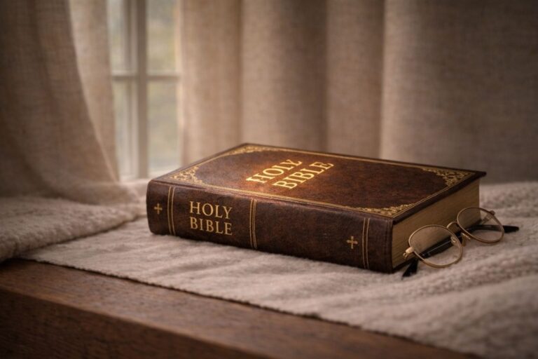 Cozy quiet prayer room with a Bible on a table, representing trust in God during financial hardship
