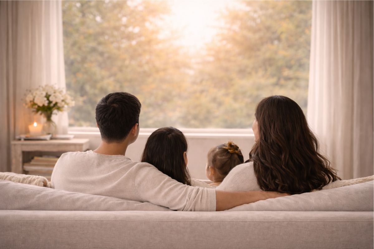 A family sitting together on a couch at home, symbolizing trusting God with a family’s future