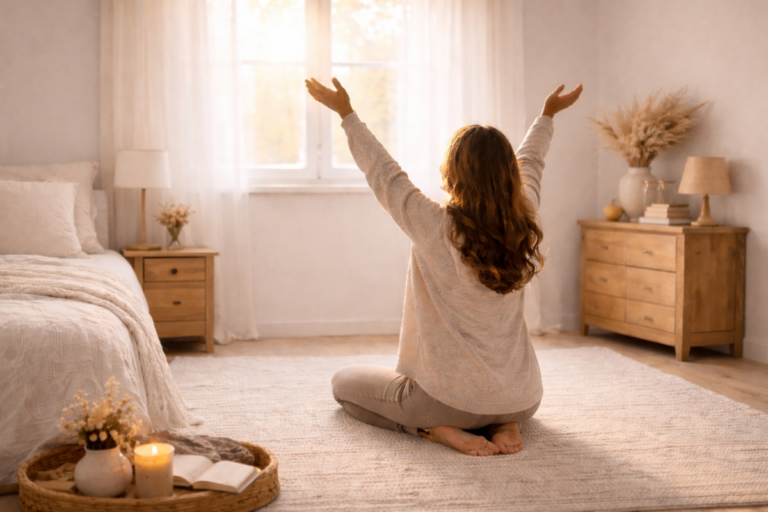 A woman kneeling in prayer in a cozy beige bedroom with sunlight, Bible, and candle, choosing faith over fear.