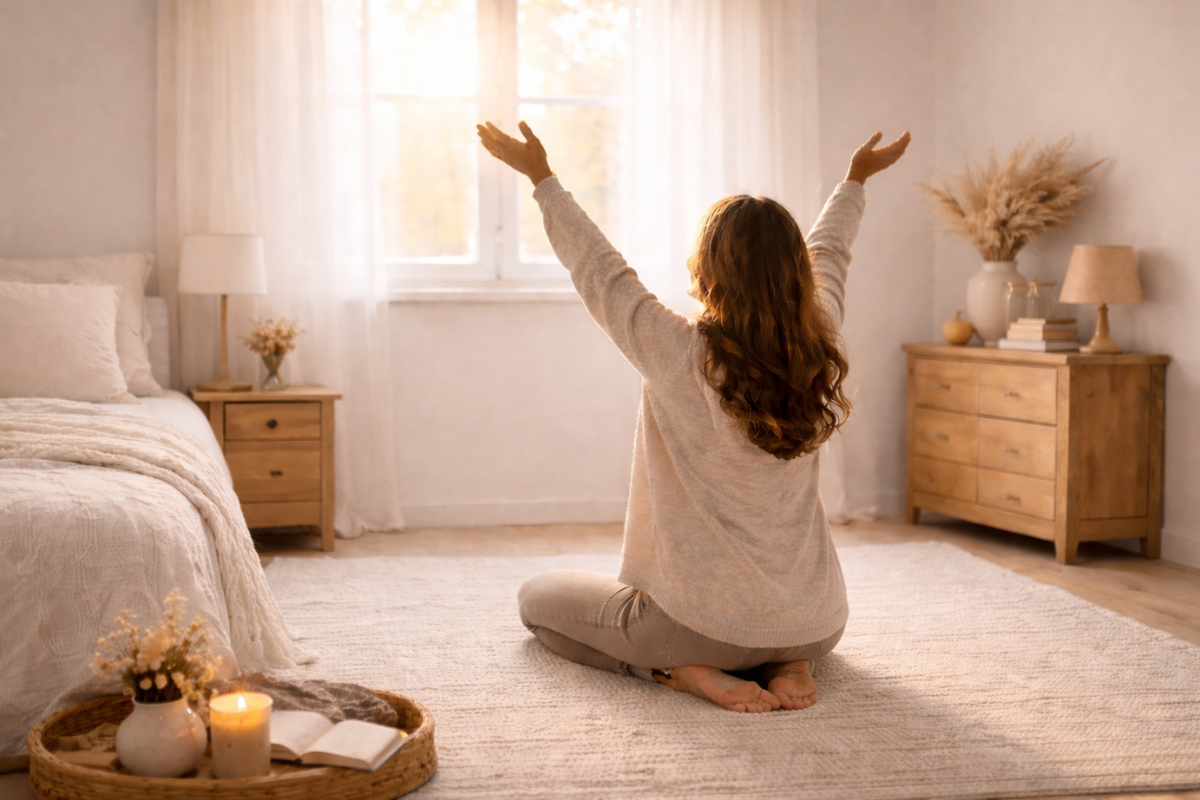 A woman kneeling in prayer in a cozy beige bedroom with sunlight, Bible, and candle, choosing faith over fear.