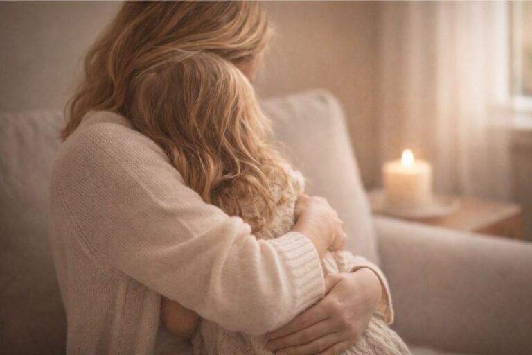 Mother holding her child in a quiet embrace, symbolizing comfort and encouragement for moms