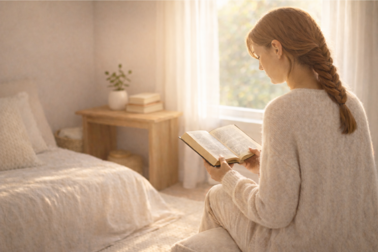 A mother sitting on a bed in soft morning light, reading the Bible in a calm, cozy bedroom with neutral tones and a small green plant.