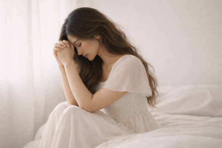 Woman praying quietly with her head bowed in a calm, soft-lit setting