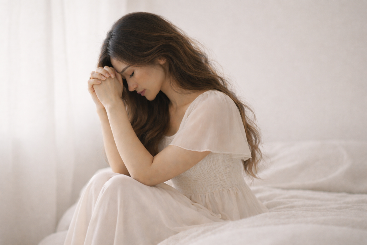 Woman praying quietly with her head bowed in a calm, soft-lit setting