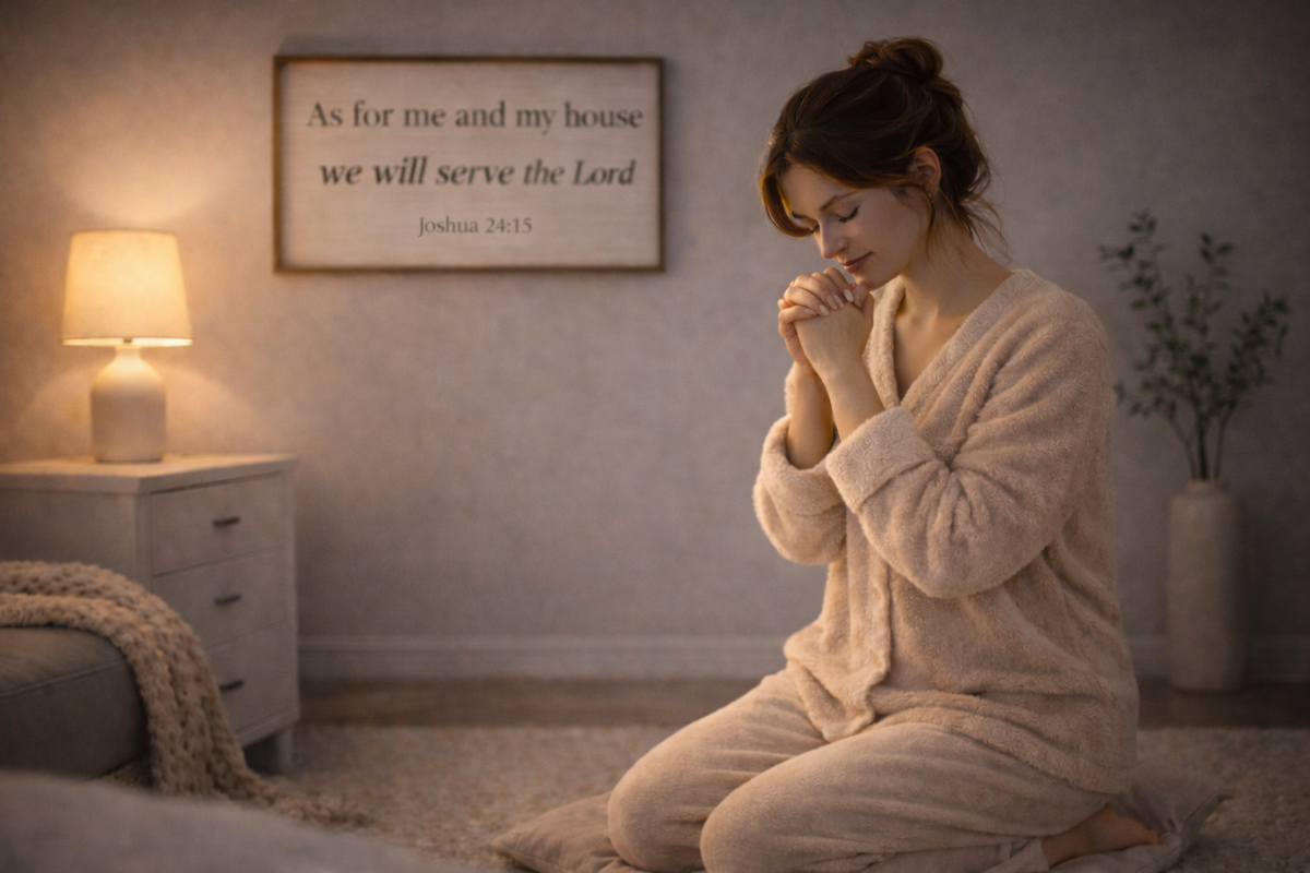 Tired mom sitting quietly in prayer at bedtime in a soft, peaceful room