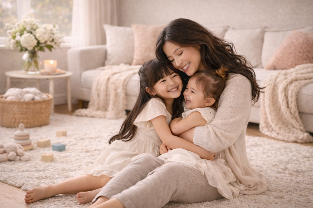 A mother gently holding her child in a peaceful home setting, representing grace and letting go of perfection in motherhood.