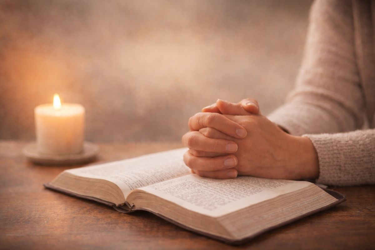 Hands resting on an open Bible during quiet morning prayer