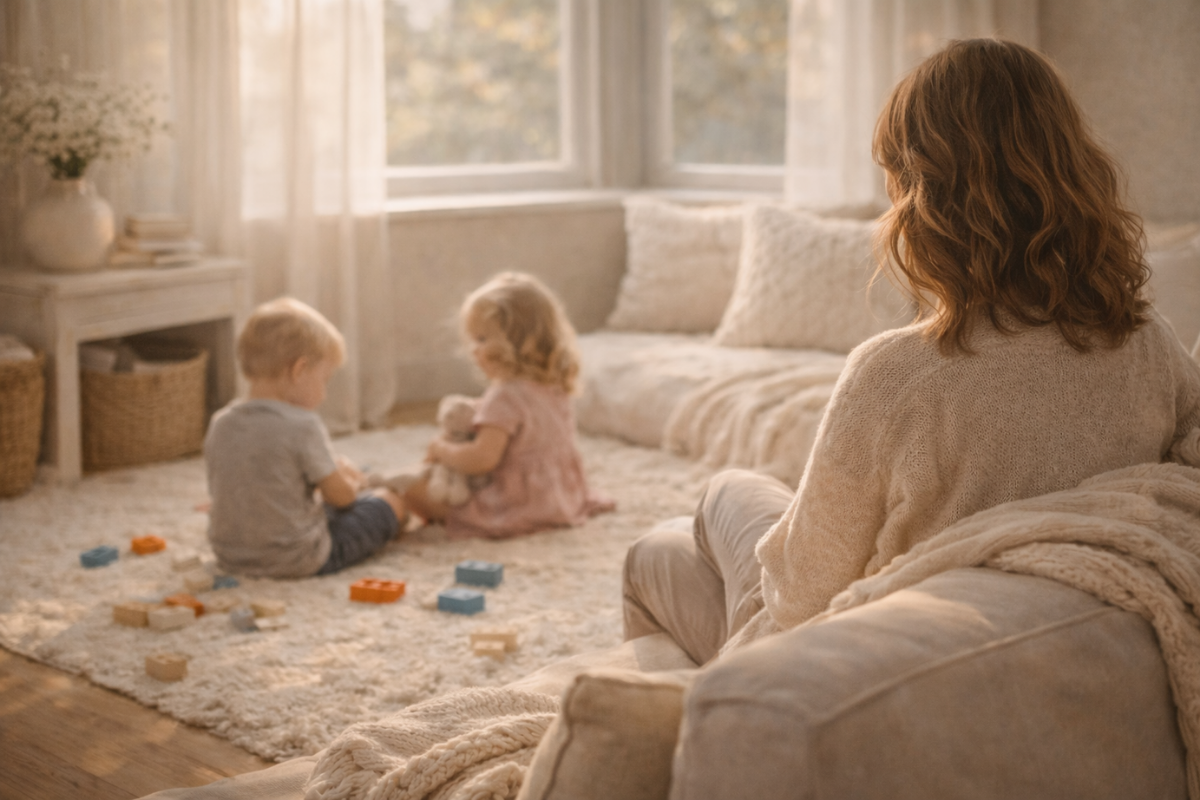 Mother sitting with her children in a calm, sunlit living room, sharing a quiet moment together