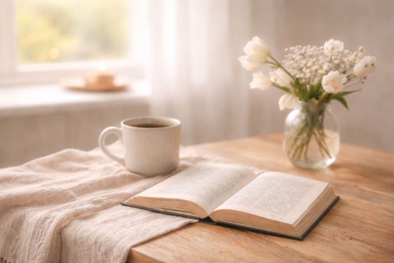 Open Bible on a cozy bed with soft linen, candle, and flowers, representing grace and rest for overwhelmed moms