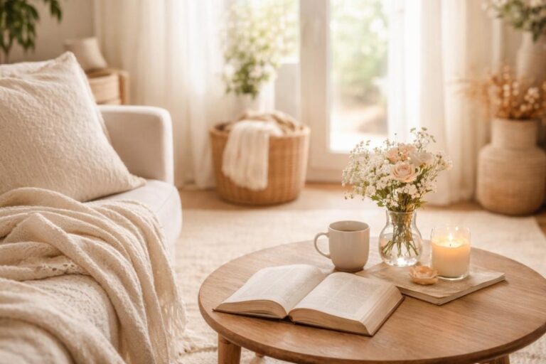 Open Bible on a wooden coffee table with a lit candle and soft beige living room in the background, symbolizing trusting God in uncertain seasons