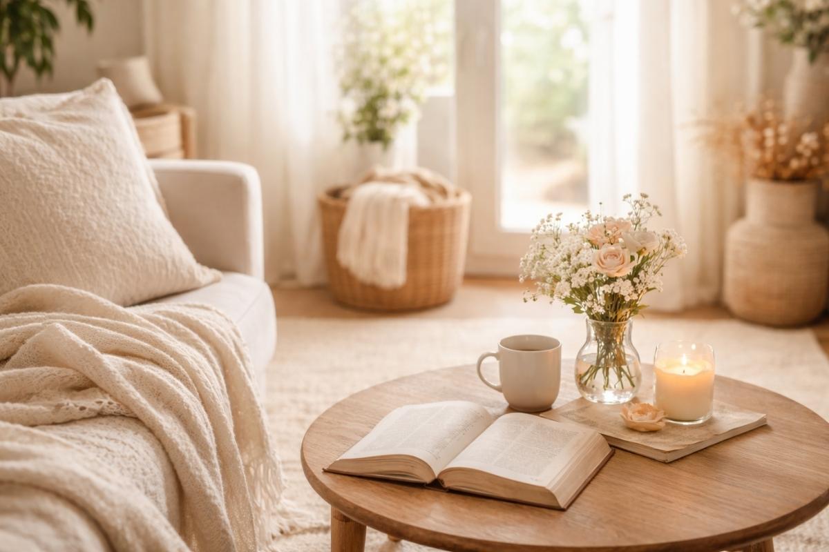 Open Bible on a wooden coffee table with a lit candle and soft beige living room in the background, symbolizing trusting God in uncertain seasons