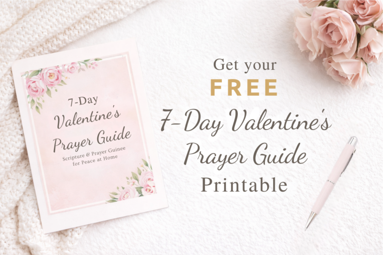 Free 7-day Valentine’s Prayer Guide printable featuring a pink floral prayer booklet on a cozy white blanket with roses and a pen