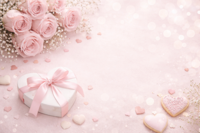Soft blush pink roses and a heart-shaped gift box on an ivory background, symbolizing God’s unfailing love and gentle care for mothers.