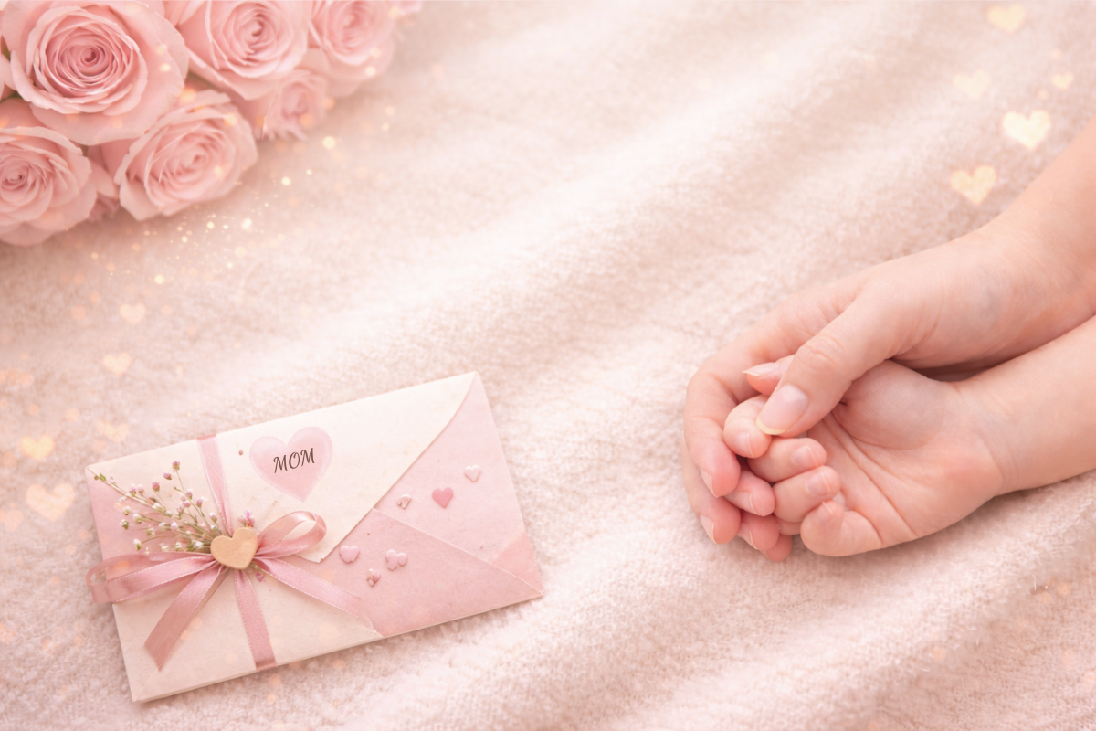 Soft blush pink envelope with a heart seal beside gently clasped hands on an ivory background, symbolizing God’s love, comfort, and care for mothers.