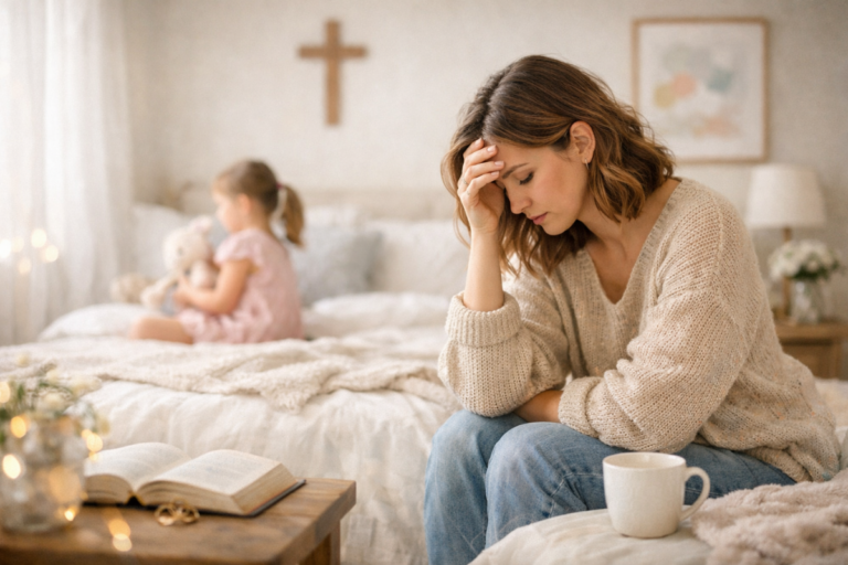 A Christian mother sitting on the edge of a bed in a calm bedroom, quietly praying while her young daughter rests nearby, reflecting a moment of motherhood, faith, and grace.