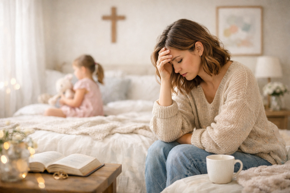 A Christian mother sitting on the edge of a bed in a calm bedroom, quietly praying while her young daughter rests nearby, reflecting a moment of motherhood, faith, and grace.