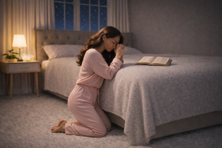 A tired Christian mother kneeling in prayer beside her bed with an open Bible, resting in God’s grace during burnout.