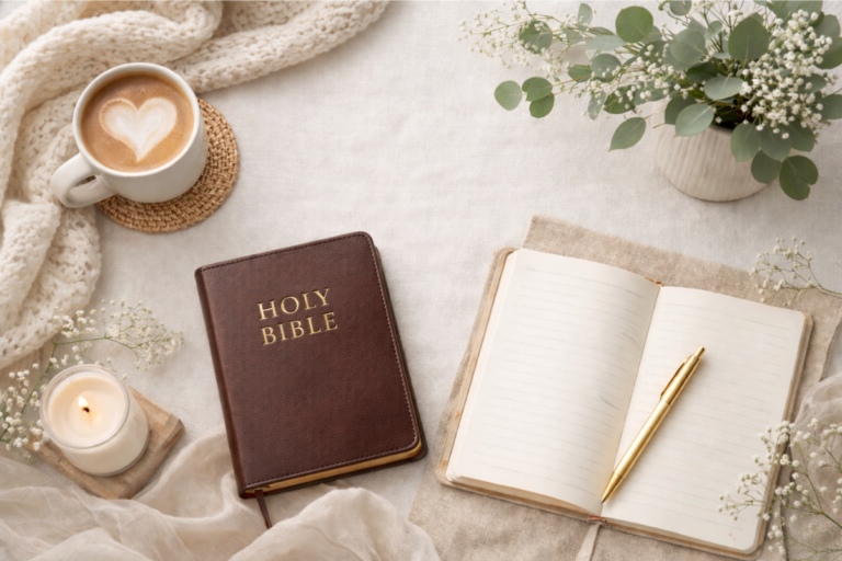 Quiet time setup with open Bible, prayer journal, coffee, and eucalyptus on beige cozy background for busy Christian moms