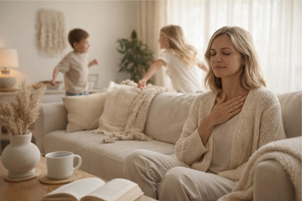 Mother sitting calmly with hand over her heart while children play energetically behind her in a cozy beige living room, representing finding God’s peace in family stress.