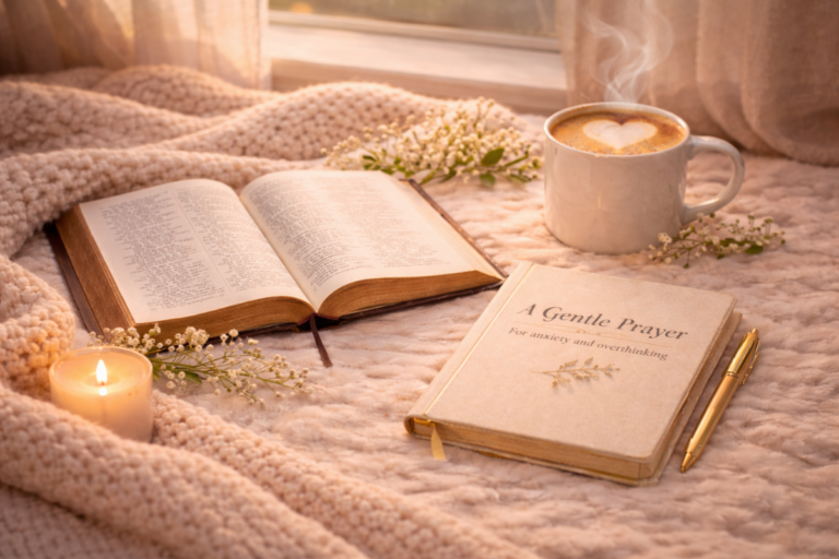A gentle prayer journal beside an open Bible on a soft beige blanket during a peaceful morning devotional for anxiety.