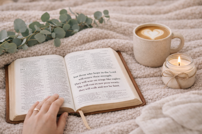 Open Bible on a cozy beige bed with a glass candle and soft natural light, symbolizing strength and comfort for tired moms.