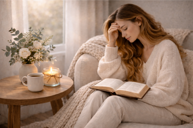 Christian mother sitting in a cozy beige living room reading her Bible and praying during a quiet moment alone in motherhood.
