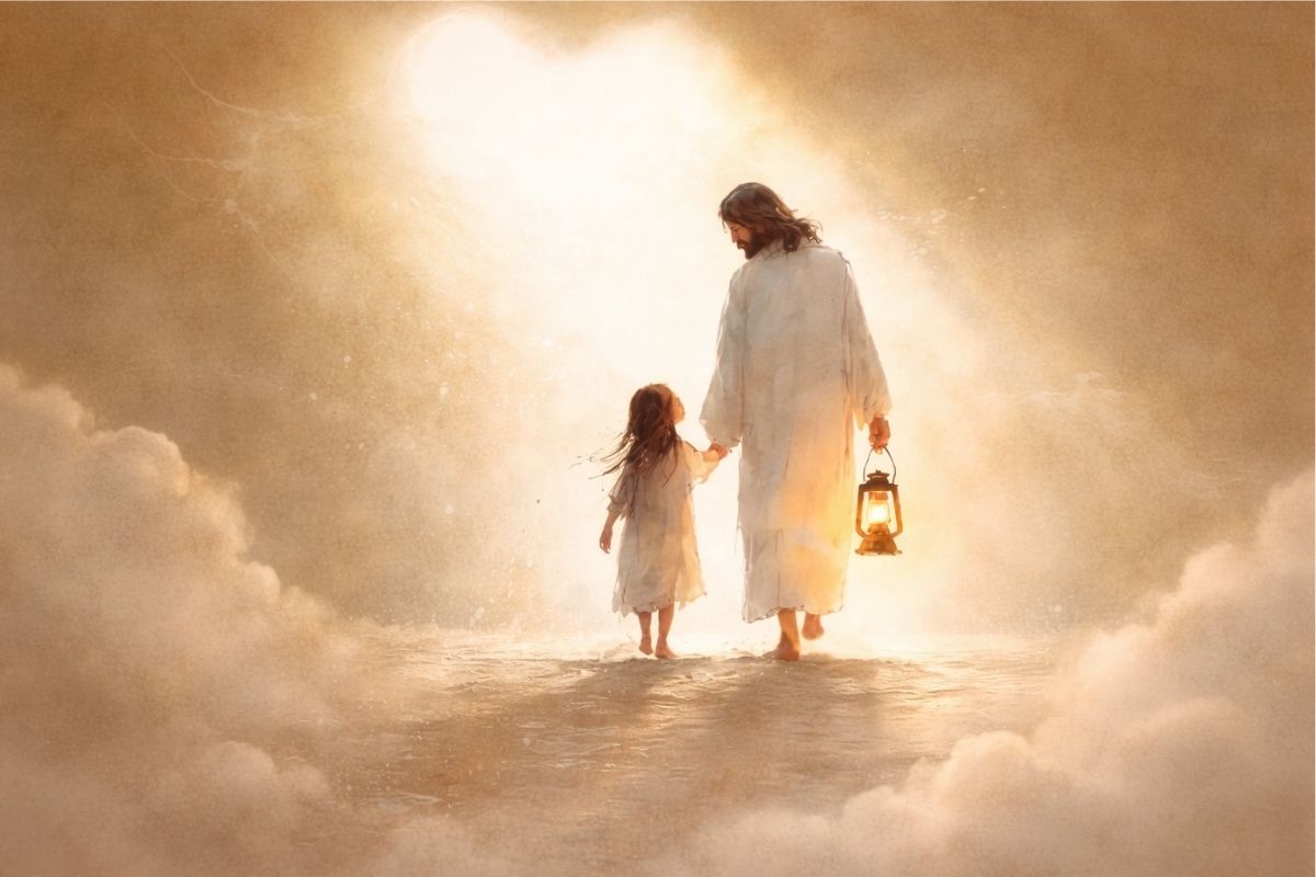 Jesus walking hand in hand with a little girl toward warm glowing light symbolizing surrendering control and trusting God