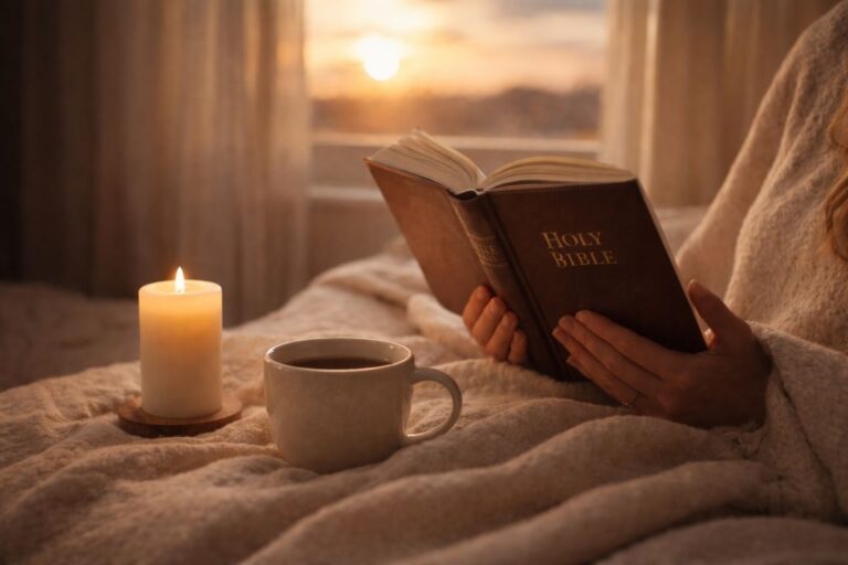 Woman reading the Bible with a candle during a peaceful evening prayer, reflecting how to reset spiritually after a hard day with God.