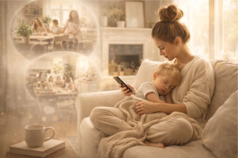 Mom looking at phone while holding sleeping child reflecting on comparison and motherhood pressure