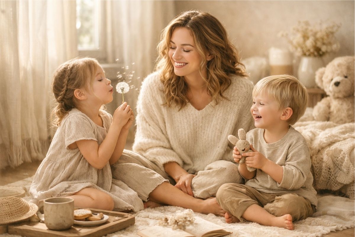 Mother enjoying a joyful moment with her young children in a cozy home, illustrating the beauty of small everyday moments in motherhood
