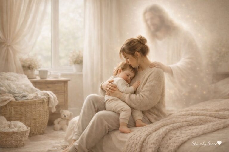 Christian mom holding her child while Jesus gently watches over her in a quiet moment of motherhood