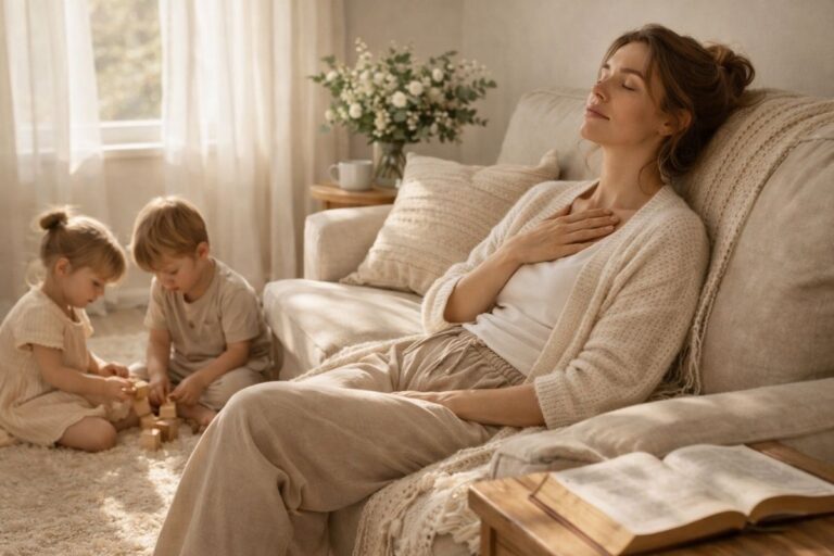 Tired mom resting in God with hand on chest while children play peacefully at home