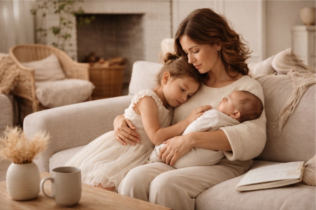 Christian mom holding her baby on a cozy couch reflecting on motherhood pressure and God’s grace