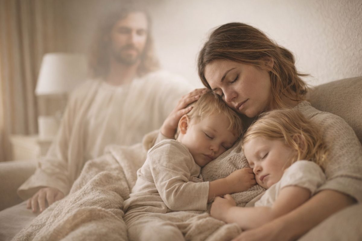 Heart feels tired in motherhood as a mother rests with her children and Jesus appears softly in the background