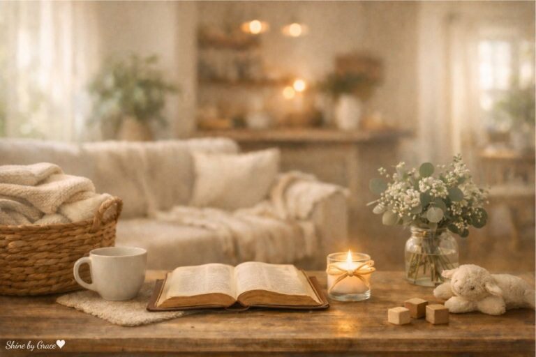Finding peace when your home feels out of control in a cozy living room with open Bible, candle, coffee mug, laundry basket, and toy