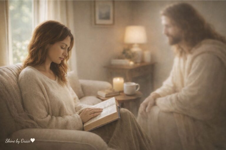 Woman reading an open Bible in a cozy chair while a soft blurred image of Jesus sits nearby, symbolizing God’s presence and peace.
