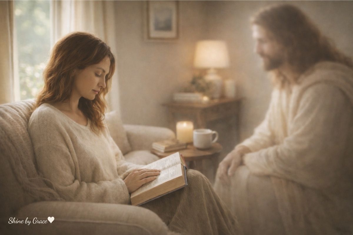 Woman reading an open Bible in a cozy chair while a soft blurred image of Jesus sits nearby, symbolizing God’s presence and peace.