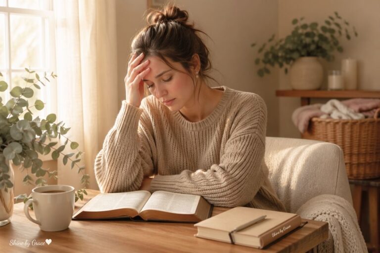 Overwhelmed mom sitting at a table with a Bible and journal in a cozy home, reflecting the mental load of motherhood.