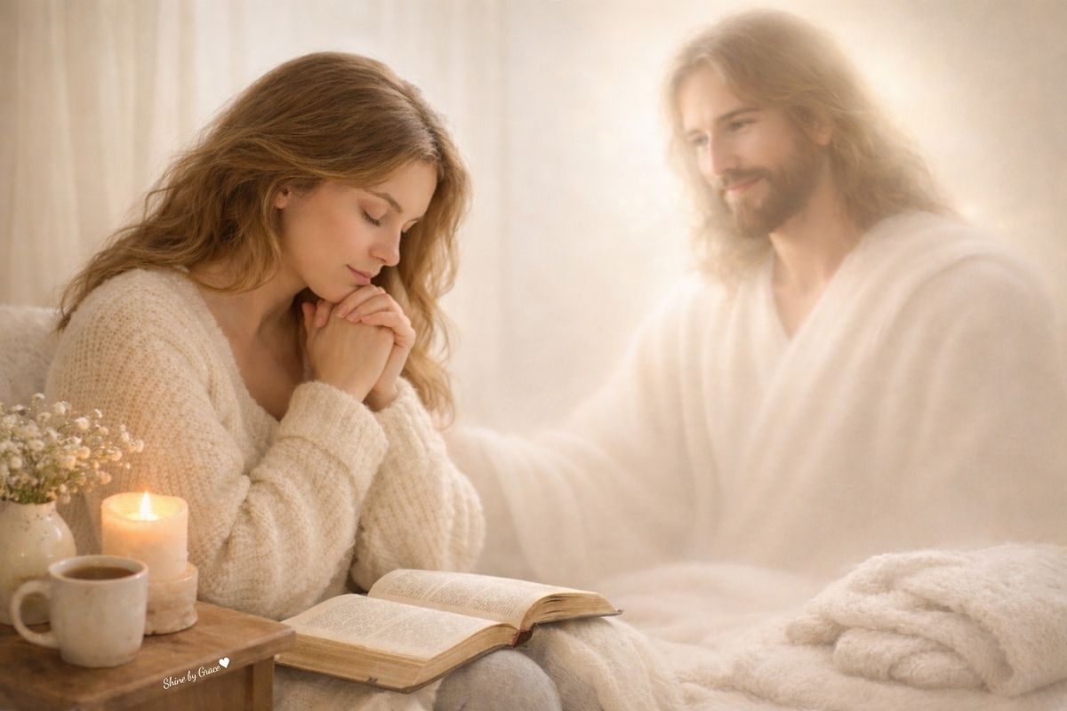 Woman praying with Bible while Jesus appears softly beside her for blog post about what to remember when God feels quiet