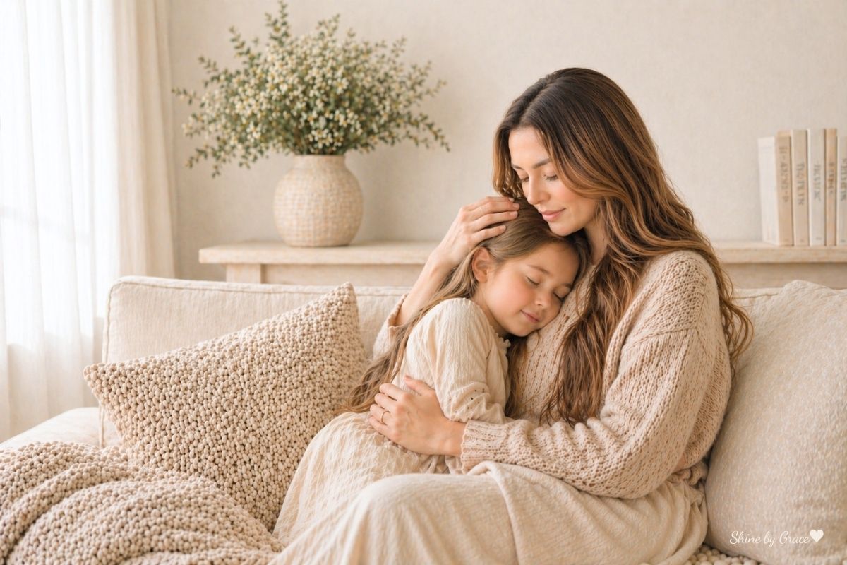 Sweet beautiful mom holding her daughter in a cozy home for a blog about when Mother’s Day feels tender