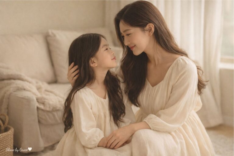 Mother looking tenderly at her young daughter in a soft beige room, reflecting on who she used to be before motherhood