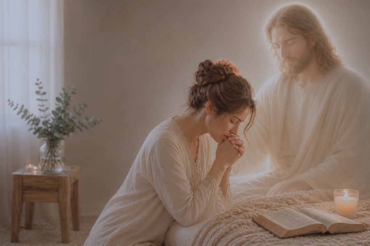 Mom kneeling by the bed in prayer with an open Bible at night, reflecting when your mind won’t slow down at night and you give this to God.