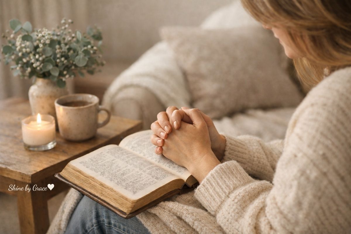 Woman praying over an open Bible beside a candle and mug in a cozy neutral room