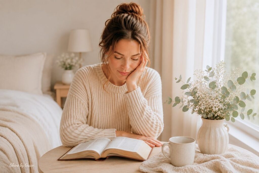 A tired mom sitting quietly with an open Bible in a cozy beige room, finding peace as she comes back to God.