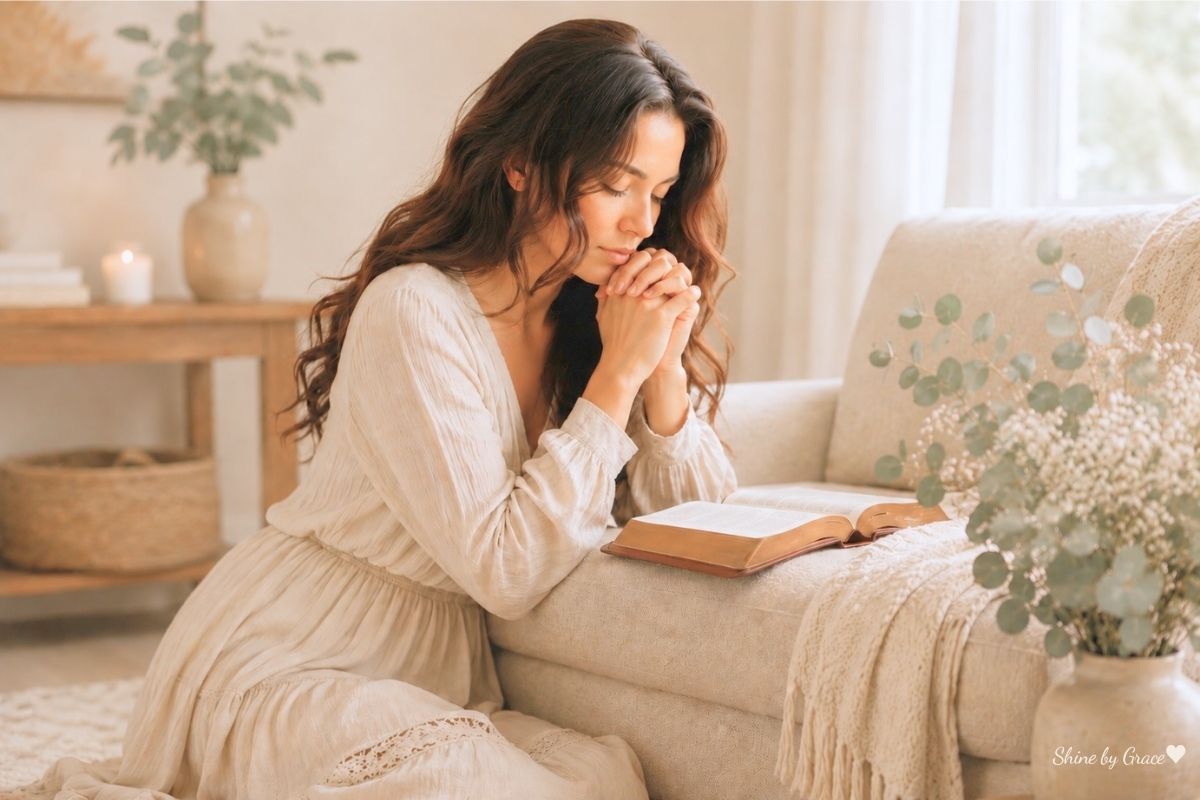 A tired mom praying beside an open Bible in a cozy beige room, learning to come back to God when she feels mentally and emotionally exhausted.