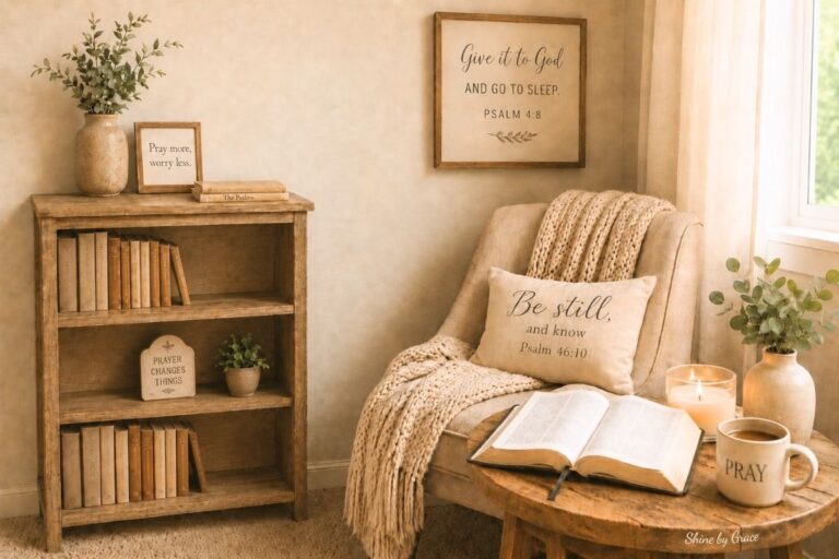 Cozy prayer corner at home for Christian moms with Bible, blanket, candle, and prayer mug.