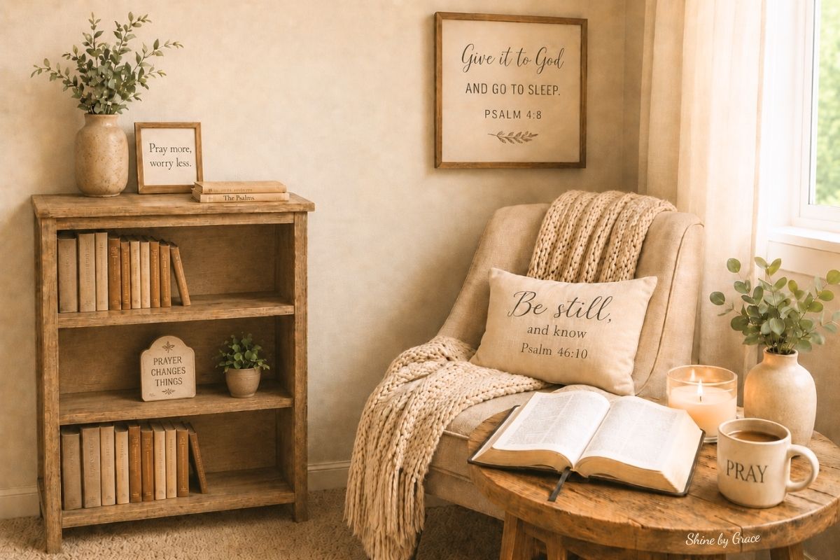 Cozy prayer corner at home for Christian moms with Bible, blanket, candle, and prayer mug.