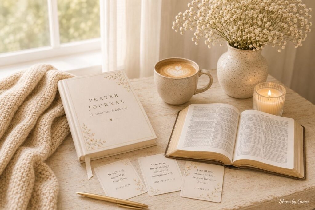 Prayer journal, open Bible, scripture cards, candle, and cozy quiet time essentials for Christian moms.
