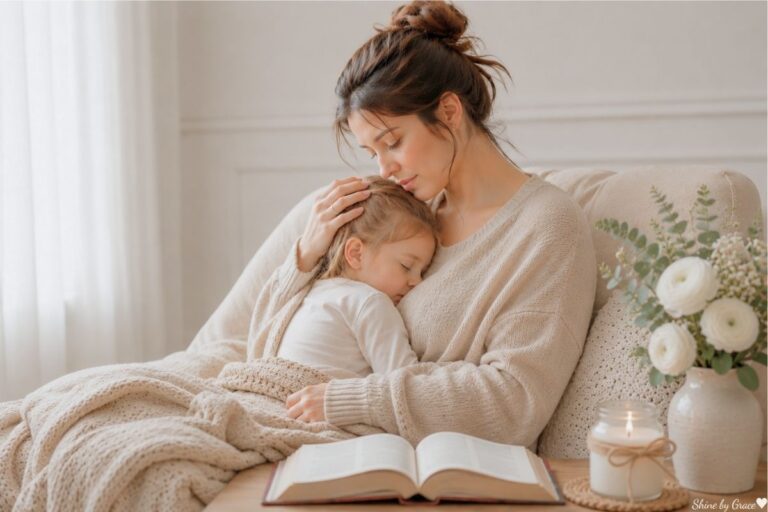 A tired but peaceful mother feeling emotionally thin in motherhood, holding her child in a cozy beige home with an open Bible, candlelight, and soft flowers.