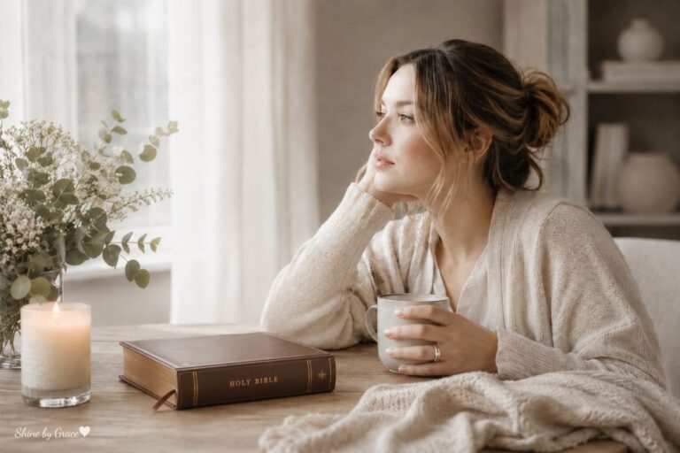 A tired mother reflecting on losing yourself in motherhood while sitting quietly with coffee beside an elegant Bible.
